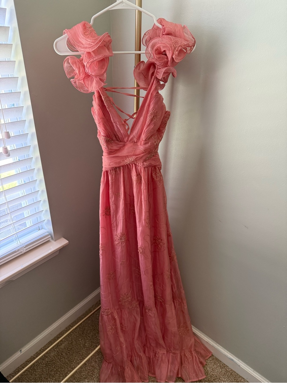 Storia Pink Embroidered Ruffled Maxi Dress